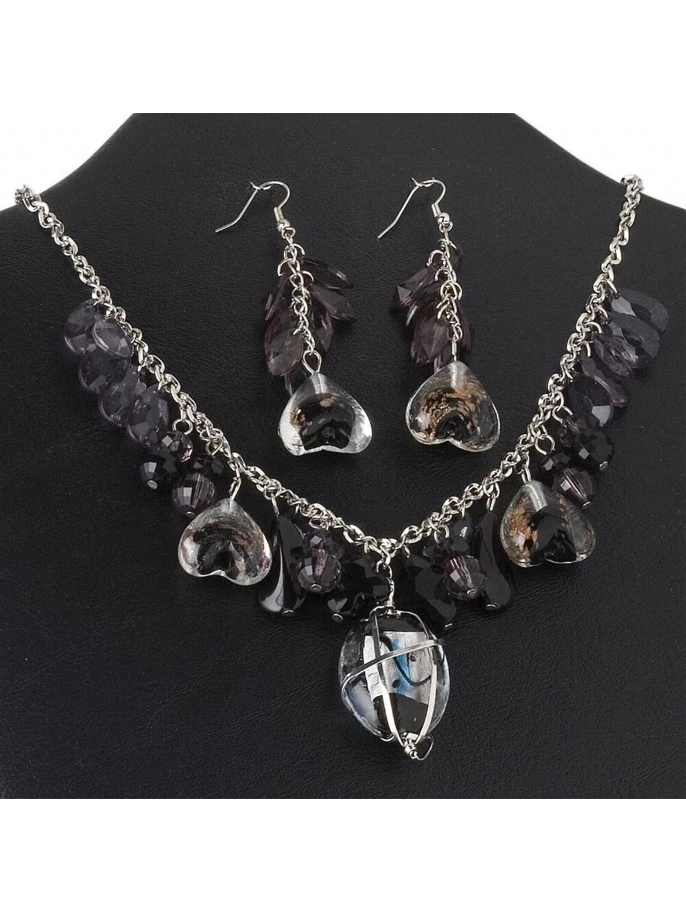 Edgy Black Clear Copper Silver Lampwork Glass Necklace Earrings Jewelry Set